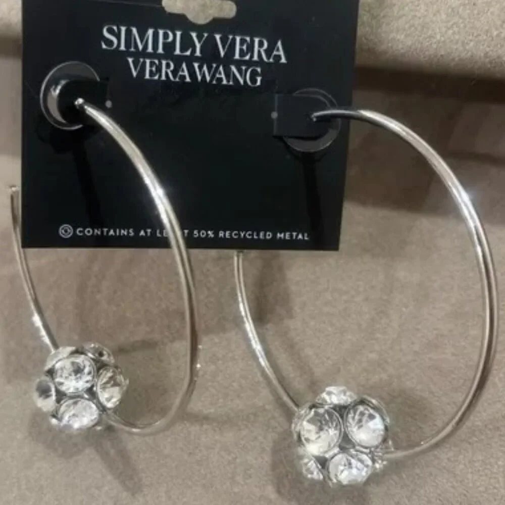 VERA WANG Rocker Chic Silver Clear Crystal Ball 'C' Hoop Earrings**NEW! - Picture 5 of 5